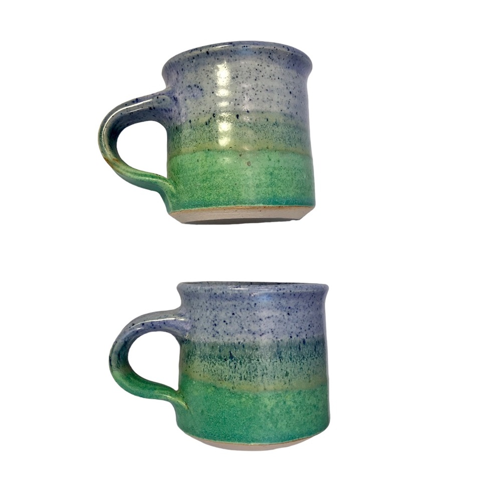 2 Purple Green Speckle Ombré Art Pottery Coffee Cups Mugs Signed Martha 1988 - Picture 10 of 14